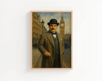 Hercule Poirot Portrait Art Print | Vintage London Detective Wall Art Inspired by Agatha Christie, Agatha Christie Gift, Classic Book Art