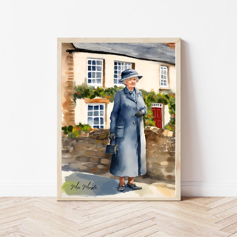 Miss Marple Print, Agatha Christie Wall Art, Literary Character Illustration, English Cottage Art, Detective Book Lover Gift image 2