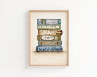 Tolkien Book Stack Art Print | Lord of the Rings & The Hobbit Watercolour Illustration | Literary Wall Art