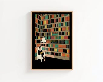 Woman Reading in Library Art Print | Contemporary Book Lover Gift