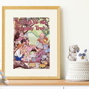 May include: Vintage book cover illustration featuring a group of children and a rabbit gathered around a tree. The title of the book is "The Folk of the Faraway Tree".