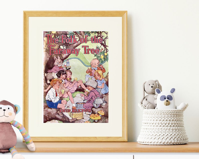 May include: Vintage book cover illustration featuring a group of children and a rabbit gathered around a tree. The title of the book is "The Folk of the Faraway Tree".