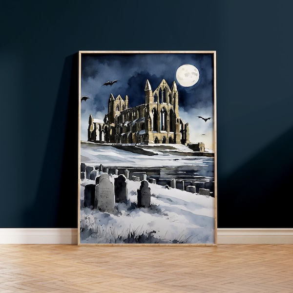 Impression d'art mural de l'abbaye de Whitby | Bram Stoker, Dracula, Couverture de livre, Art gothique, Amoureux des livres, Cadeau littéraire, Vampire, Roumanie, Horreur, Halloween