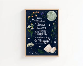 Oscar Wilde Quote Art Print with Freedom Books Flowers and the Moon | Literary Wall Art | Book Lover Decor