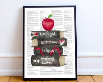 Twilight Art Print, Stephanie Meyer, Book Art Illustration, Book Stack, Wall Art, Book Lover, Gifts, Bookish, Painting