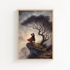 May include: A framed art print shows a couple embracing on a cliff edge under a starry sky. The artwork features a large, bare tree and a flowing red dress, set against a misty, atmospheric background, evoking a sense of romance.