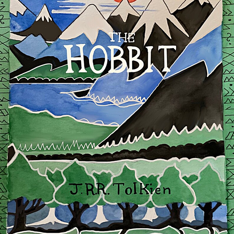 May include: A watercolor painting of a landscape with mountains, a lake, and trees. The title "THE HOBBIT" is written in white letters on the top of the image. The author's name, "J.R.R. Tolkien", is written in black letters at the bottom of the image.
