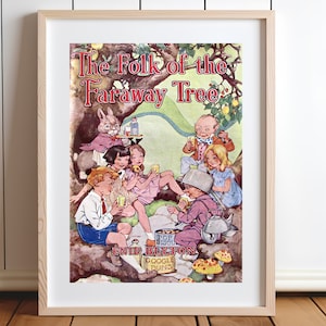 May include: A vintage book cover illustration featuring a group of children and a rabbit having a picnic under a tree. The book title is "The Folk of the Faraway Tree" by Enid Blyton.