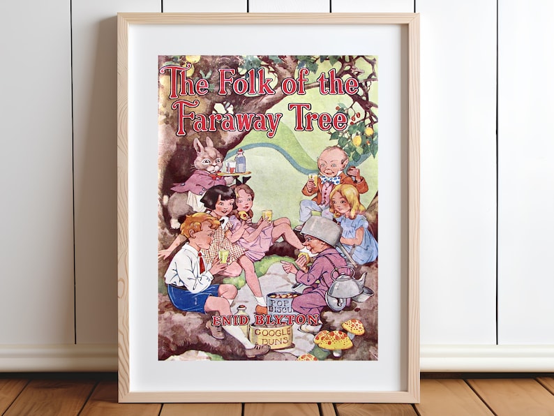 May include: A vintage book cover illustration featuring a group of children and a rabbit having a picnic under a tree. The book title is "The Folk of the Faraway Tree" by Enid Blyton.