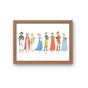 May include: A framed print featuring watercolor illustrations of characters from classic literature. The artwork depicts figures in period clothing, including Captain Wentworth, Elinor Dashwood, Emma, Anne Elliot, Mr. Darcy, Elizabeth Bennet, Mr. Wickham, and Jane Austen.