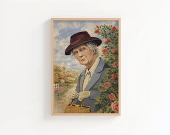 Miss Marple Portrait Print, Agatha Christie Wall Art, English Village Garden Art, Literary Detective Illustration, Mystery Book Lover Gift