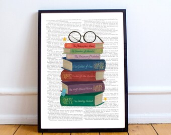 HP Book Print, Wizard Inspired, Book Lover, Art, Literary Gift, Book Stack, Bookish, Bookworm, Fantasy, Reader Gift, Bibliophile