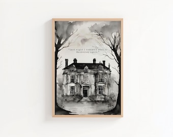 Manderley House Art Print | Rebecca, Daphne Du Maurier, Wall Art, Book Lover, Rebecca Art, Vintage book, Jamaica Inn, Classic Book Art