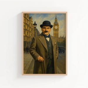 Hercule Poirot Portrait Art Print | Vintage London Detective Wall Art Inspired by Agatha Christie, Agatha Christie Gift, Classic Book Art