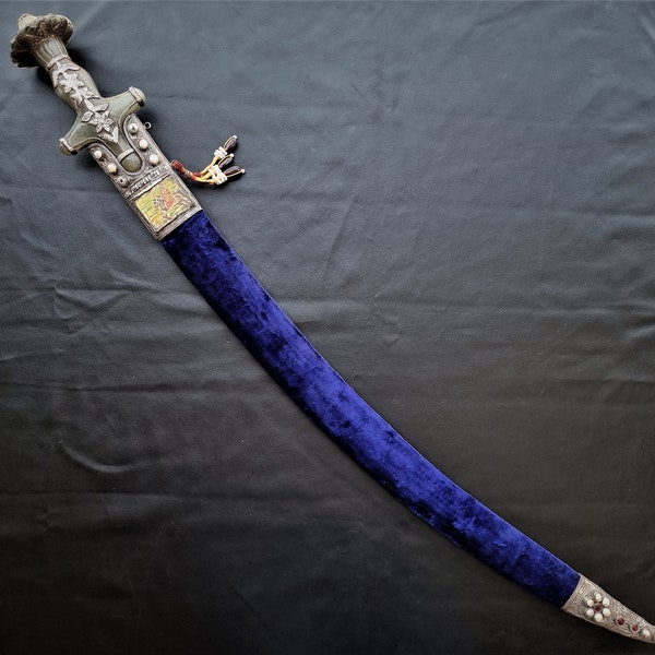 Vintage decorated handcrafted jade hilt Sikh Rajput talwar sword with Semi Precious stones and silver and gold damascening