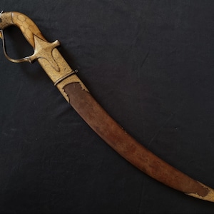 Vintage mughal turkish indo persian sword shamshir with leather scabbard and gold koftgari