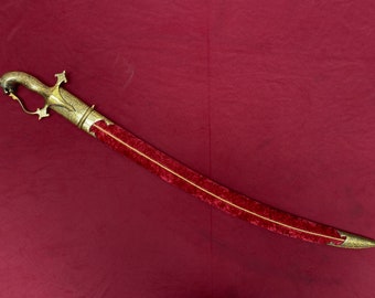 indian handcrafted gold damascened rajput sikh maratha talwar kirpan shamshirtegha with lion face hilt and damascus blade