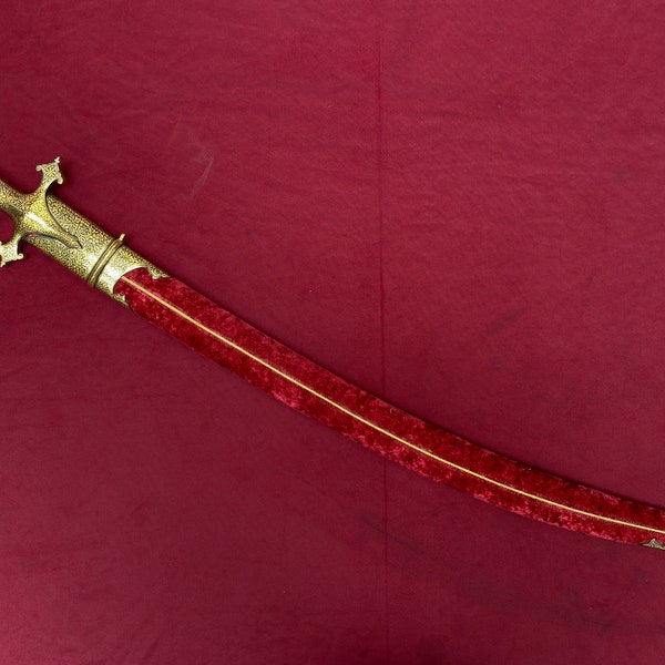 indian handcrafted gold damascened rajput sikh maratha talwar kirpan shamshirtegha with lion face hilt and damascus blade