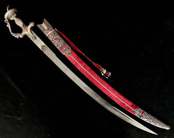 Indian handcrafted sikh rajput pure silver sword talwar tegha with a zoomorphic katori hilt and decorated damascus blade ceremonial talwar.