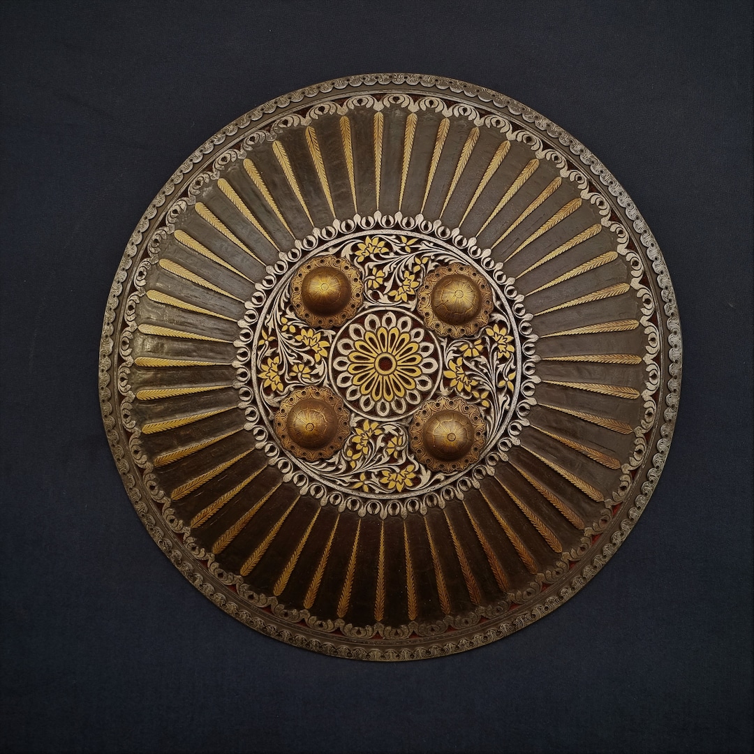 Vintage Old Mughal Ottoman Dhal Shield With Gold and Silver Damascened