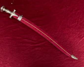 indian handmade sikh rajput or mughal silver and gold koftgari sosun patah sword saber with damascus blade