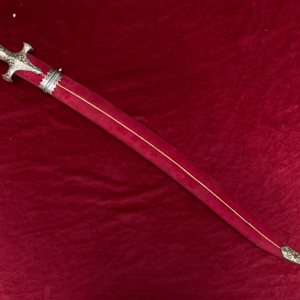 indian handmade sikh rajput or mughal silver and gold koftgari sosun patah sword saber with damascus blade