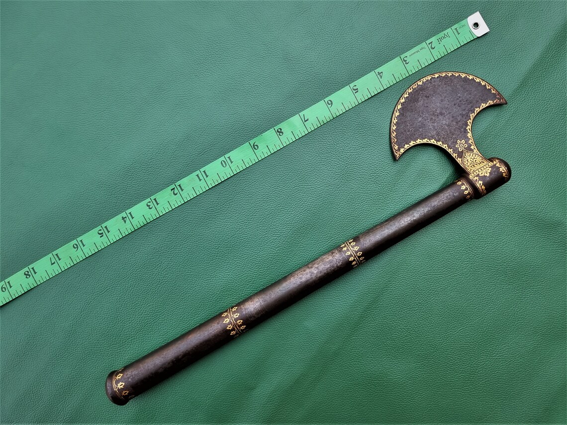Indo Persian Mughal Ottoman Gold Damascened Ornamental Axe Etsy