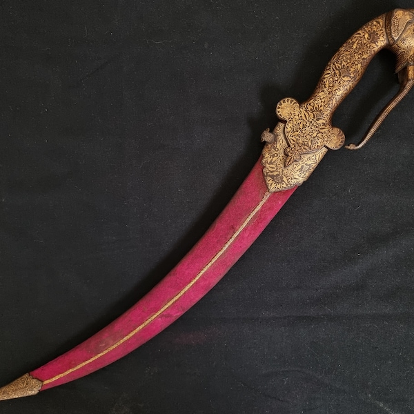 vintage old indo persian small sword/talwar shamshir and elephant face hilt with  gold koftgari work