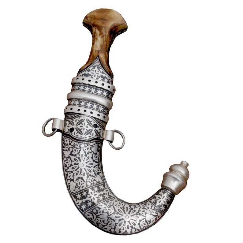 Vintage Omani silver koftgiri work with damascus blade and cover