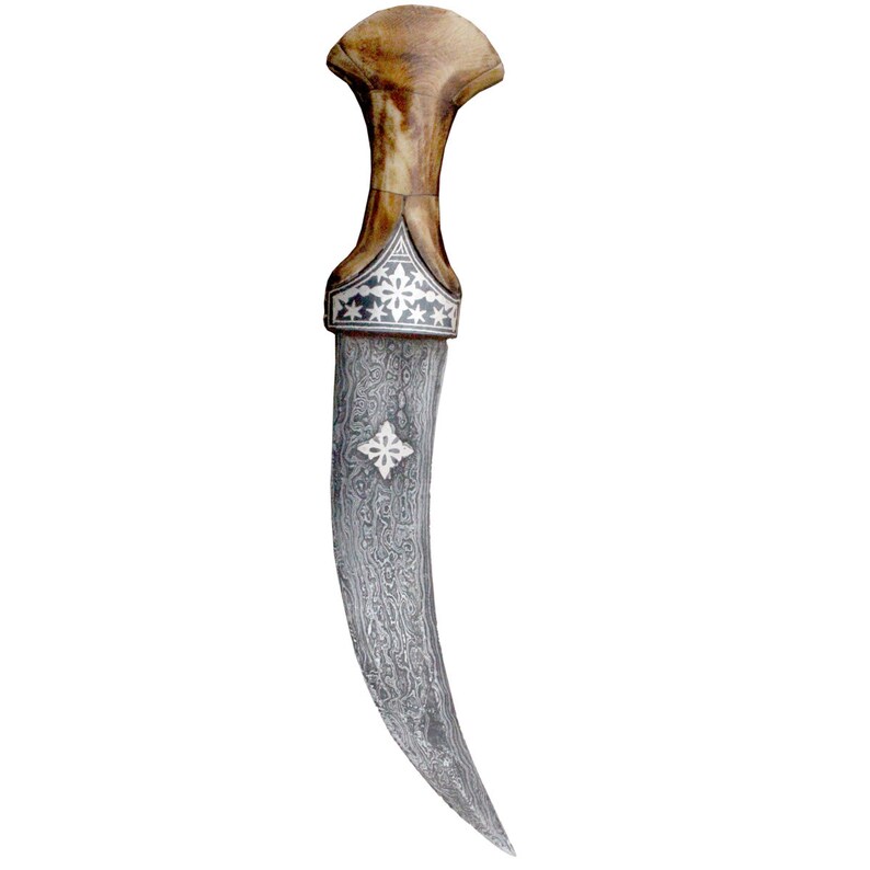 Vintage Omani silver koftgiri work with damascus blade and cover