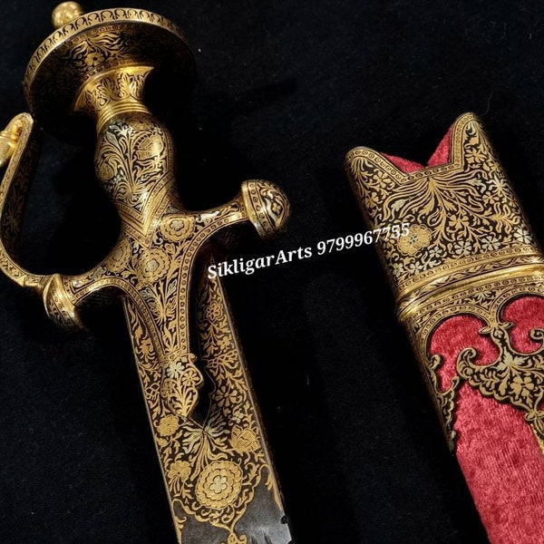 Infian sikh rajput royal kings wedding tulwar sword kirpan tegha shamshir with fine 24 ct Gold koftgari work and damascened damascus blade