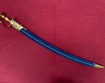 Indian handcrafted sikh rajput maratha, pure gold work sword tulwar kirpan with floral patterns and damascus blade