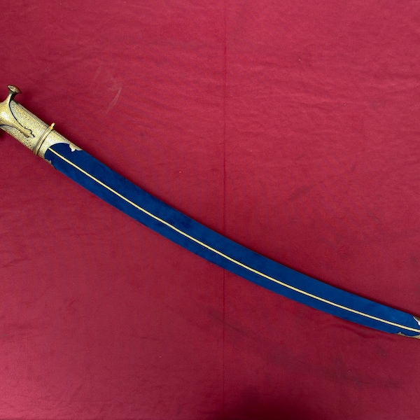 Indian handcrafted sikh rajput maratha, pure gold work sword tulwar kirpan with floral patterns and damascus blade