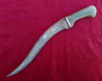 Vintage indian, mughal, indo persian jade dagger with silver koftgari and hand engraved damascus blade