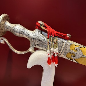 Vintage indian handcrafted silver damascened rajput sikh maratha sword shamshir talwar with disc pommel hilt and damascus blade