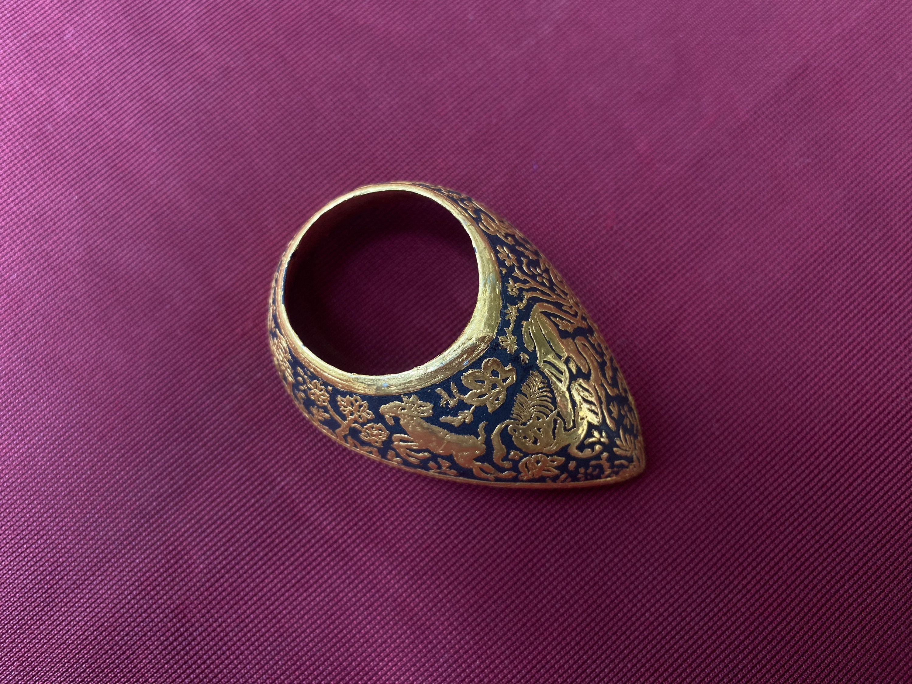 CTHY PARALLELOGRAM THUMB RING ANTIQUE23号 Vintage Original Ottoman Mughal Islamic Gold Tombak Gold Koftgari