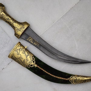 Shikargah otomano/jambiya persa com lâmina wootz e cartela islâmica, faca de ouro islâmica, sem shamshir wootz jambiya