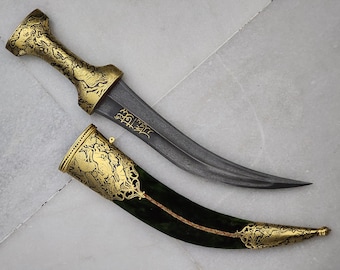 Shikargah ottoman/persian jambiya with wootz blade and islamic cartouche, Islamic gold knife, no shamshir wootz jambiya