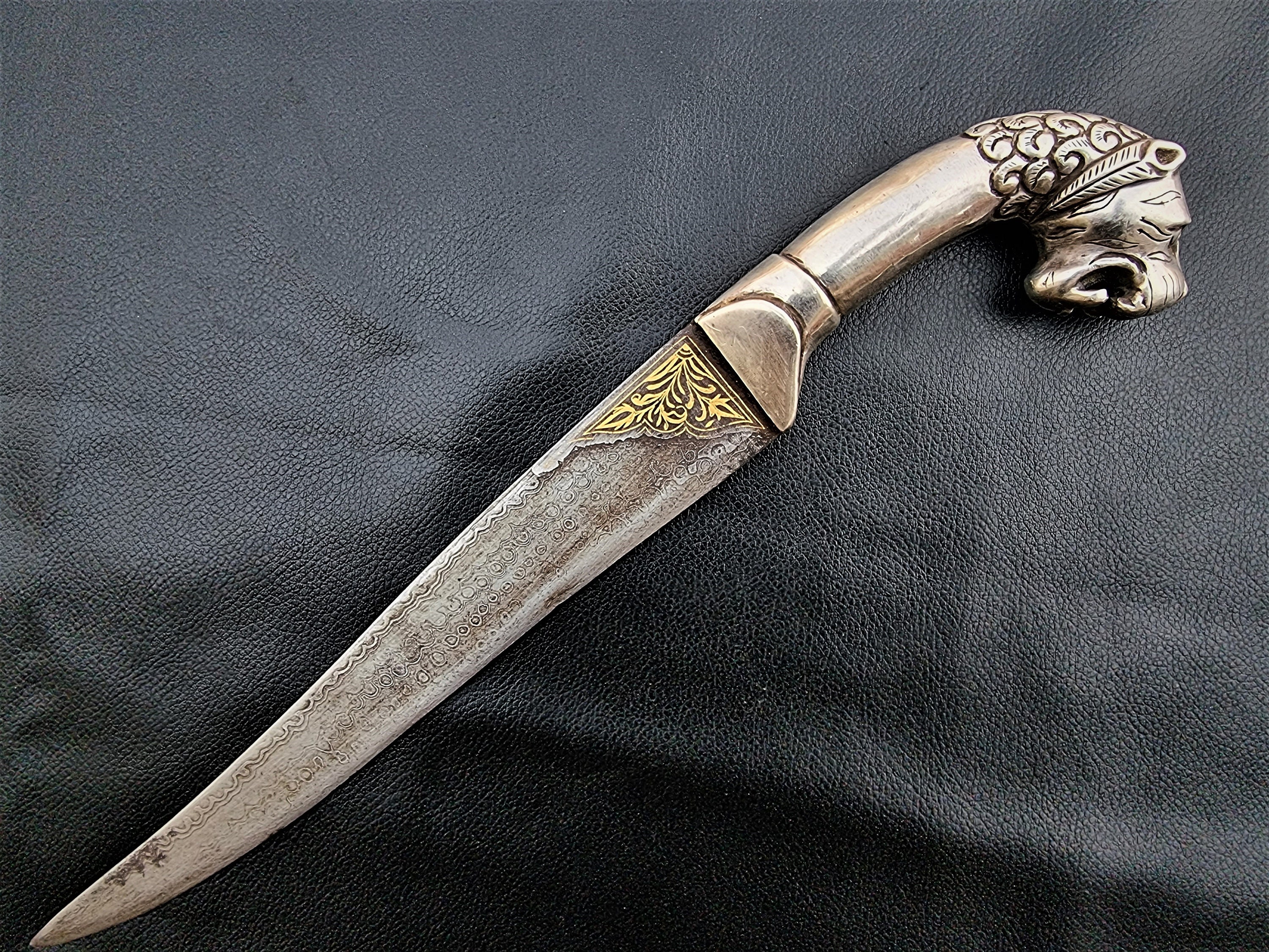 Vintage Silver Lion Head Indo Persian Mughal Dagger Khanjar Wilth Gold ...