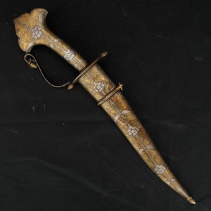 Raro pugnale marocchino o islamico moghul, coltello khanjar d'epoca con coltello tagliacarte damascato in oro