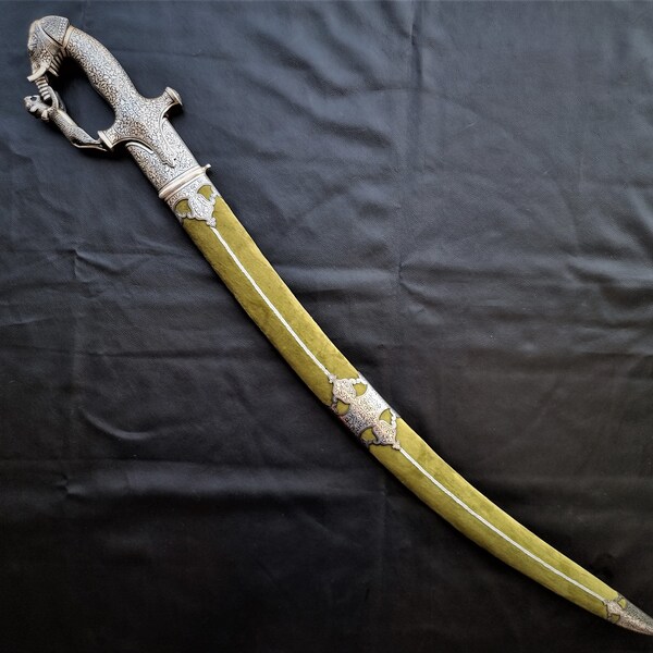 Indian handcrafted talwar sword with silver damascening koftgar for rajput sikh ceremonial weddings.