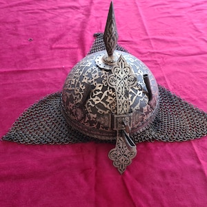 Vintage Mughal Islamic Medieval Ottoman Warrior Kulah Khud Helmet With Aventail