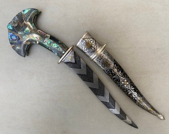 Vintage indo persian silver and gold  damascened large dagger with mother of pearl grips