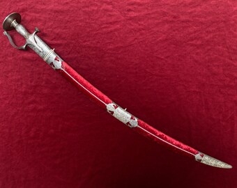 indian handcrafted silver damascened rajput sikh maratha sword shamshir talwar with katori hilt and damascus blade
