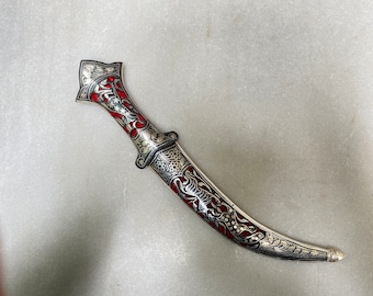 vintage oriental sikh rajput Maratha hadmade silver koftgari damascus blade dagger\khanjer with shikargah piercing