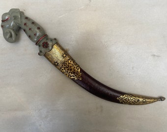 vintage ceremonial Mughal Islamic dagger with elephant face jade stone stone studded hilt with chevron blade kirpan