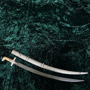 Indian handicrafted sikh rajputana shamshir with silver damascened sword damascus adorned with peacock head hand grip
