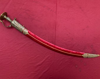 Traditional Indian talwar/sword kirpan with pierced hilt,locket and chape with gold koftgari and damascus steel blade.