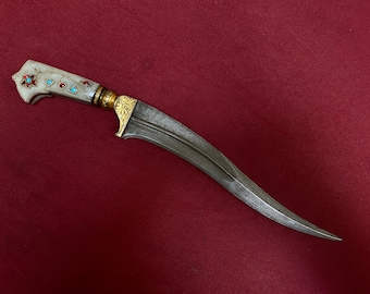 vintage ceremonial Mughal Islamic dagger with  jade stone stone studded hilt and  gold damascened damascus blade khanjar dagger