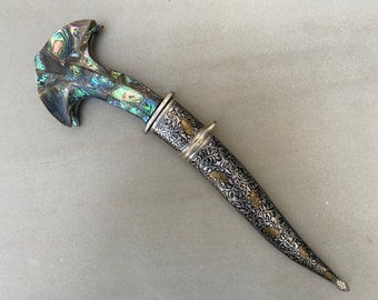 Vintage indo persian silver and gold damascened large dagger with mother of pearl grips